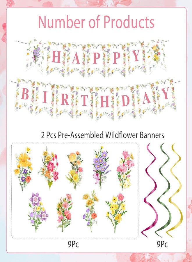FEXICHUJI Floral Birthday Party Decorations for Girls, Wildflower Happy Birthday Banner with Garland Hanging Swirls Multicoloured Flower Decorations Set for Women - Image 3